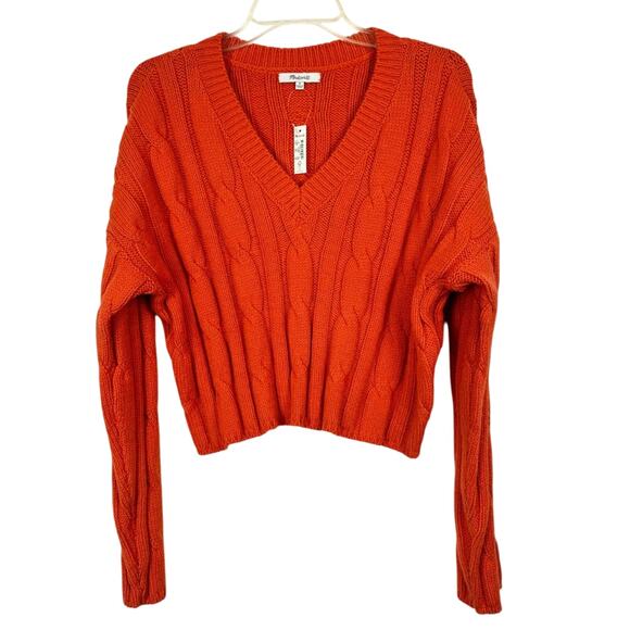 NWT Madewell Women's Cable Knit Fisherman Sweater in Roasted Squash Orange - Picture 6 of 13